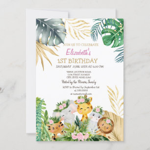 Wild One Animals Jungle Flowers Tropical 1st Invitation