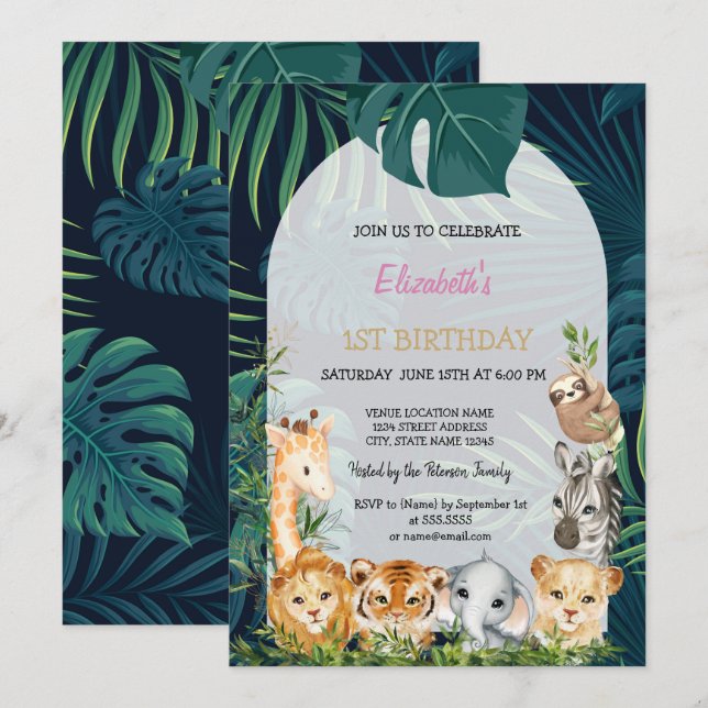 Wild One Animals Jungle Palm Leaves 1st   Invitation (Front/Back)