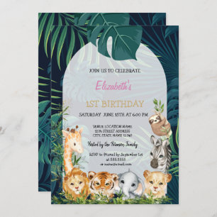 Wild One Animals Jungle Palm Leaves 1st Invitation