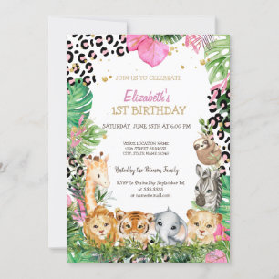 Wild One Animals Jungle Tropical Leaves 1st Invitation