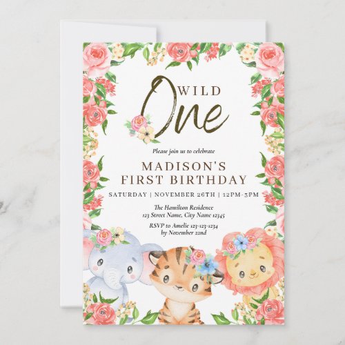 Wild One Animals Pink Flowers Birthday Invitation