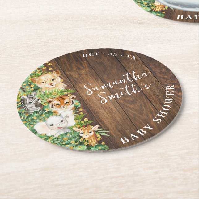 Wild One Animals Rustic Safari Baby Shower Round Paper Coaster (Angled)