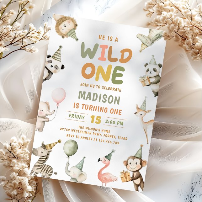 Wild One Animals Safari Turning One Birthday Invitation (Creator Uploaded)