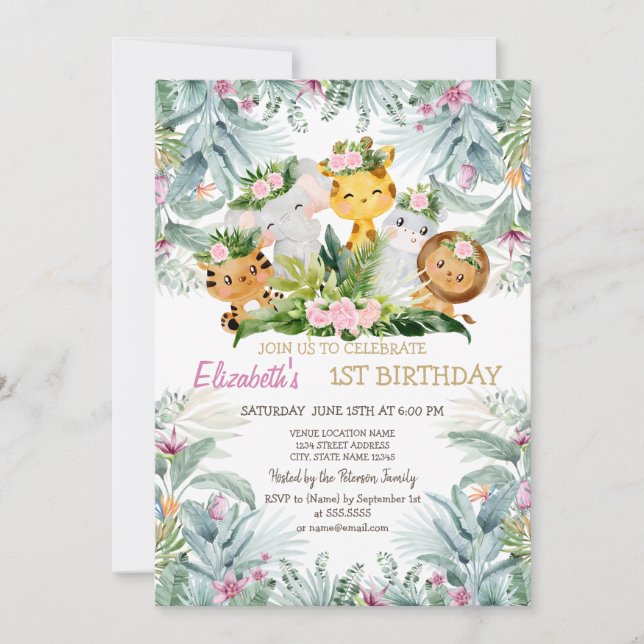 Wild One Animals Tropical Floral 1st Birthday  Invitation (Front)