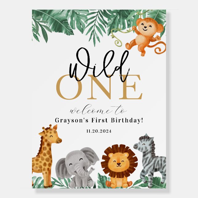 Wild One Animals Welcome Birthday Party Sign (Front)