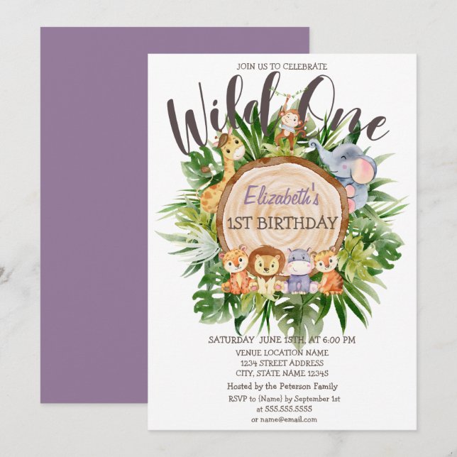 Wild One Animals Wood Birthday    Invitation (Front/Back)