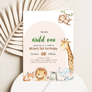 Wild One Arch Frame Safari Animal Boy 1st Birthday Invitation