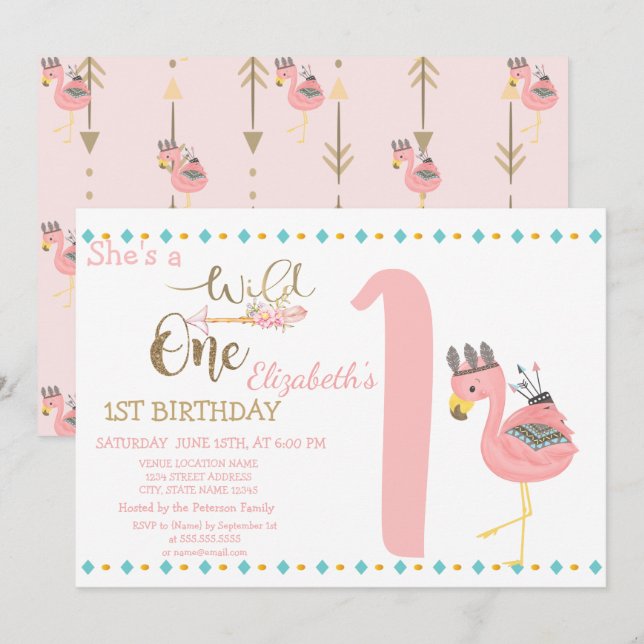 Wild One Arrows,Pink Flamingo First Birthday Invitation (Front/Back)