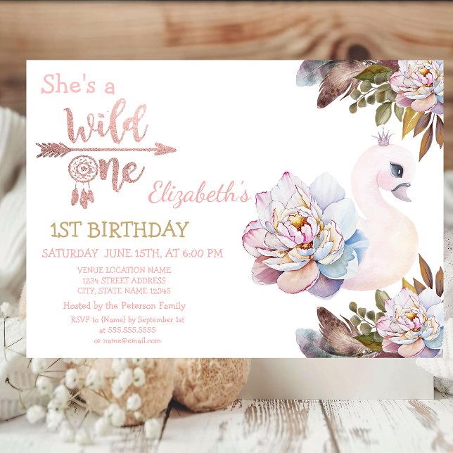 Wild One,Arrows,Swan Flowers,Boho Birthday  Invitation (Creator Uploaded)