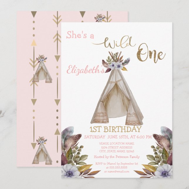 Wild One, Arrows,Tent,Flowers First Birthday  Invitation (Front/Back)
