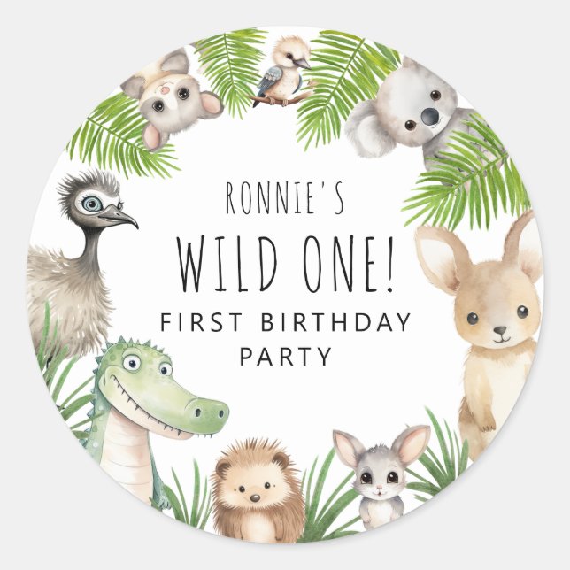 Wild One! Aussie Animal Birthday Party Classic Round Sticker (Front)