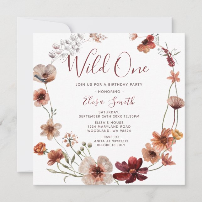 Wild One Autumn Boho Wildflowers Birthday Party  Invitation (Front)
