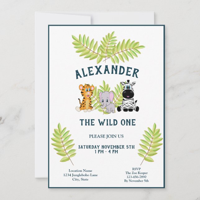Wild One Baby 1st Birthday Jungle Animals Boy Invitation (Front)