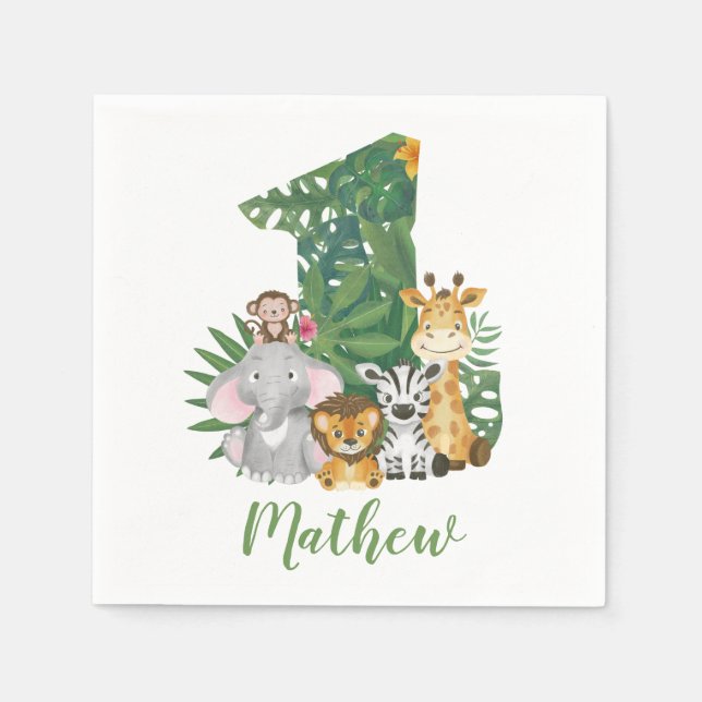 Wild One Baby 1st Birthday Jungle Safari T-shirt Napkins (Front)
