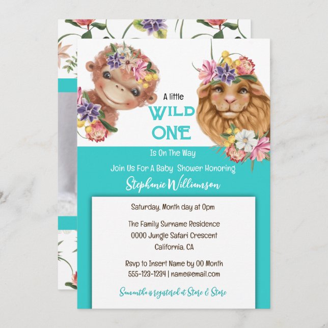 Wild one baby 1st lion monkey safari blue invitation (Front/Back)