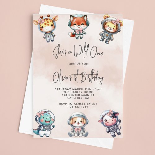 Wild One Baby Animal Astronauts Pink 1st Birthday Invitation