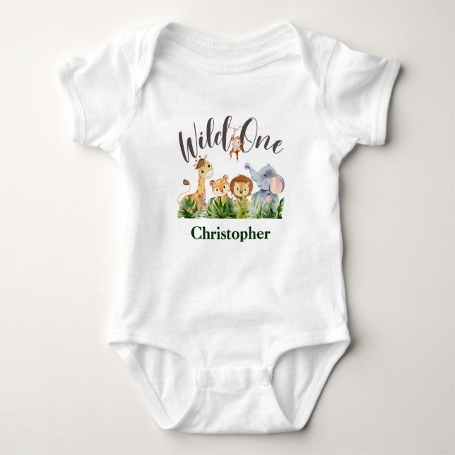 Wild One Baby Animals Babies 1st Birthday Gift Baby Bodysuit (Front)