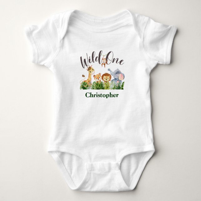 Wild One Baby Animals Babies 1st Birthday Gift Bodysuit (Front)