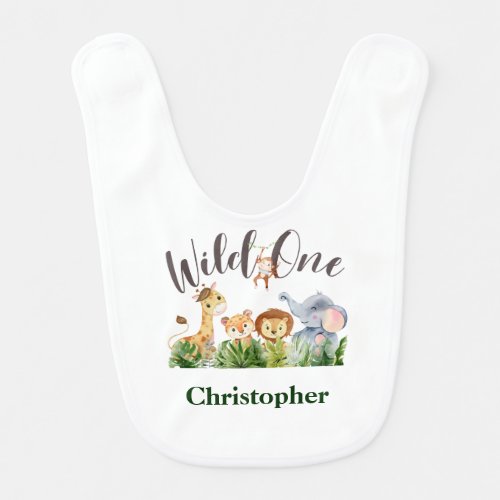 Wild One Baby Animals Jungle Safari 1st Birthday Baby Bib