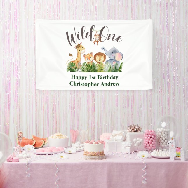 Wild One Baby Animals Jungle Safari 1st Birthday Banner (Party)