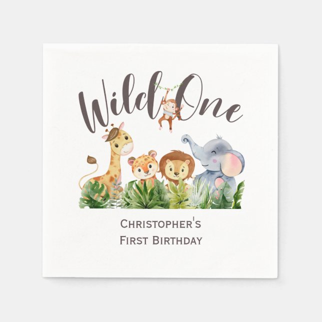 Wild One Baby Animals Jungle Safari 1st Birthday  Napkins (Front)
