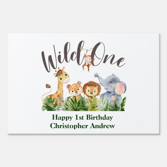 Wild One Baby Animals Jungle Safari 1st Birthday Sign