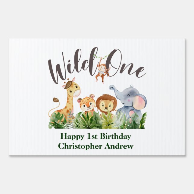 Wild One Baby Animals Jungle Safari 1st Birthday Sign (Front)