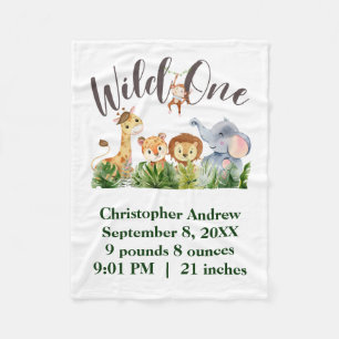 Wild One Baby Animals Jungle Safari Birth Stats Ba Fleece Blanket