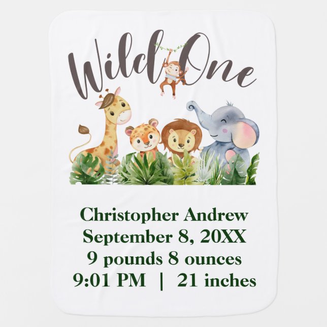 Wild One Baby Animals Jungle Safari Birth Stats Baby Blanket (Front)