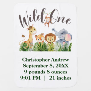 Wild One Baby Animals Jungle Safari Birth Stats Blanket