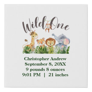 Wild One Baby Animals Jungle Safari Birth Stats  Faux Canvas Print