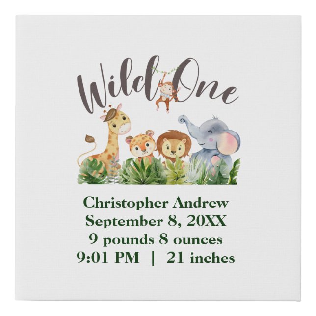 Wild One Baby Animals Jungle Safari Birth Stats  Faux Canvas Print (Front)
