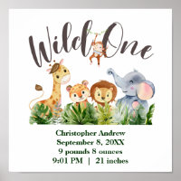 Wild One Baby Animals Jungle Safari Birth Stats  Poster