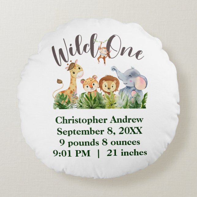 Wild One Baby Animals Jungle Safari Birth Stats Round Pillow (Front)