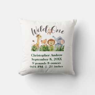 Wild One Baby Animals Jungle Safari Birth Stats Throw Pillow