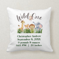 Wild One Baby Animals Jungle Safari Birth Stats Throw Pillow