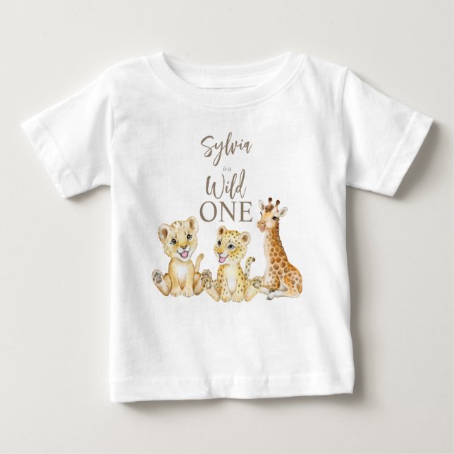 Wild one baby animals personalized name party T-Shirt (Front)