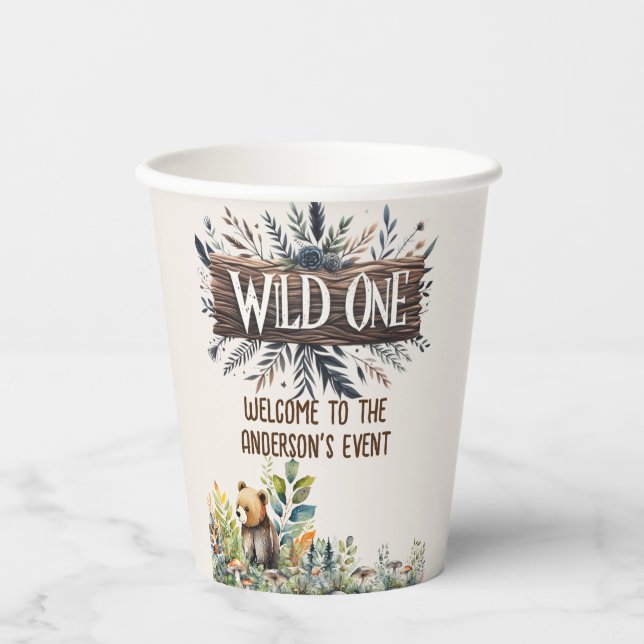 Wild One Baby Bear Woodland Animals Custom Paper Cups (Front)