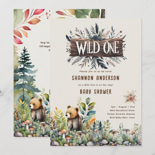 Wild One Baby Bear Woodland Animals Rustic Invitation