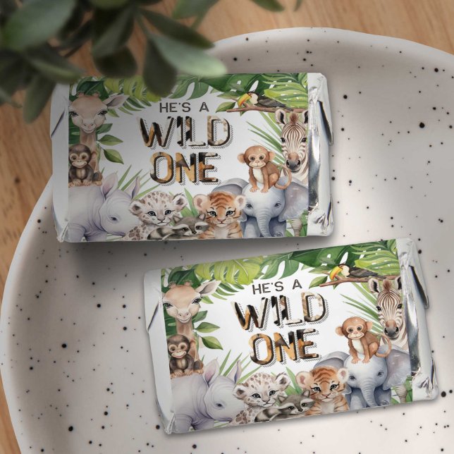 Wild One, Baby Boy 1st birthday, Safari Themed Hershey's Miniatures (Hes a wild one, boy 1st birthday mini hershey assorted chocolate favors.)