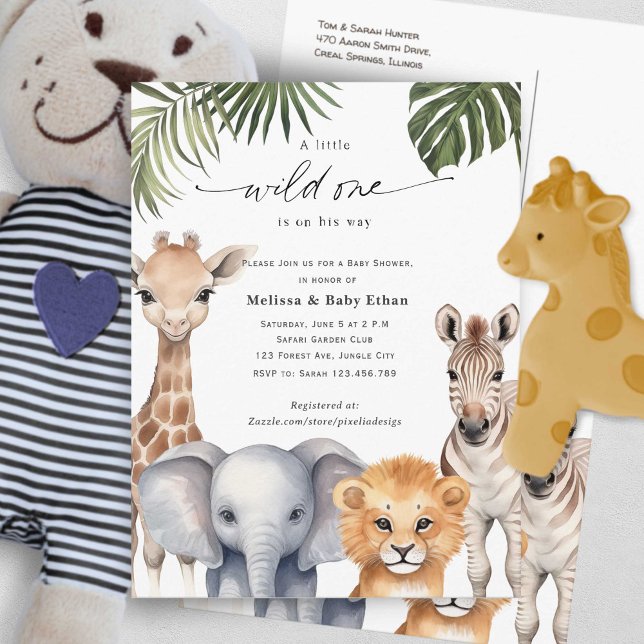 Wild One Baby Boy Shower Safari Baby Animals Invitation Postcard (Wild One Safari Baby Animals, Baby Boy Shower. A wild One is on Her way, A Cute Baby Shower invite.)