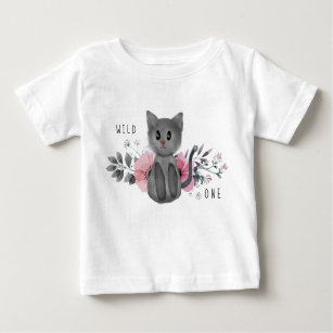 Wild One - Baby Cat and Flowers 1st Birthday Baby T-Shirt