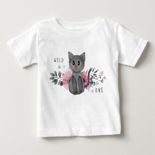 Wild One _ Baby Cat and Flowers 1st Birthday Baby T_Shirt