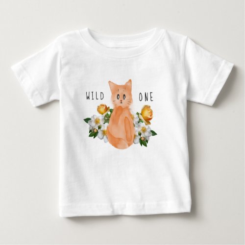 Wild One _ Baby Cat and Flowers 1st Birthday Baby T_Shirt