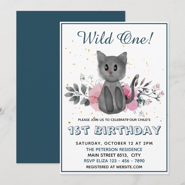 Wild One - Baby Cat and Flowers 1st Birthday Invitation (Front/Back)