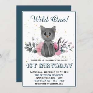 Wild One - Baby Cat and Flowers 1st Birthday Invitation