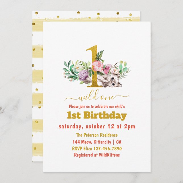 Wild One - Baby Cat and Flowers 1st Birthday Invitation (Front/Back)