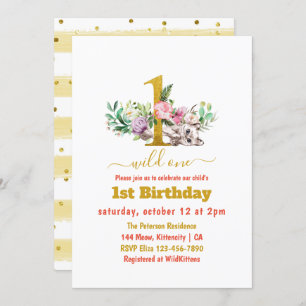 Wild One - Baby Cat and Flowers 1st Birthday Invitation