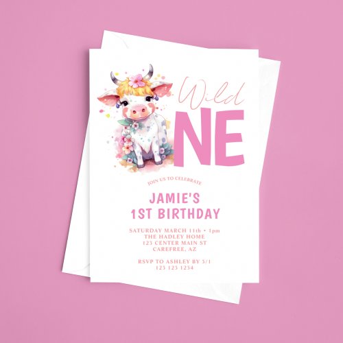 Wild One Baby Cow Pink 1st Birthday Invitation