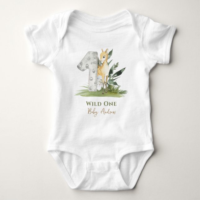 Wild One Baby Deer Forest Themed 1st Birthday Baby Bodysuit (Front)